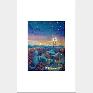 Roof cat and lighthouse Posters and Art